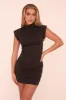 Black High Neck Shoulder Pads Ruched Mini Dress - Meliana sold by Rebellious Fashion
