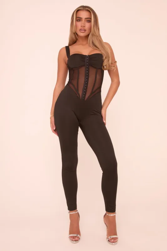 Black Mesh Panel Corset Detail Sleeveless Jumpsuit - Susanna sold by Rebellious Fashion