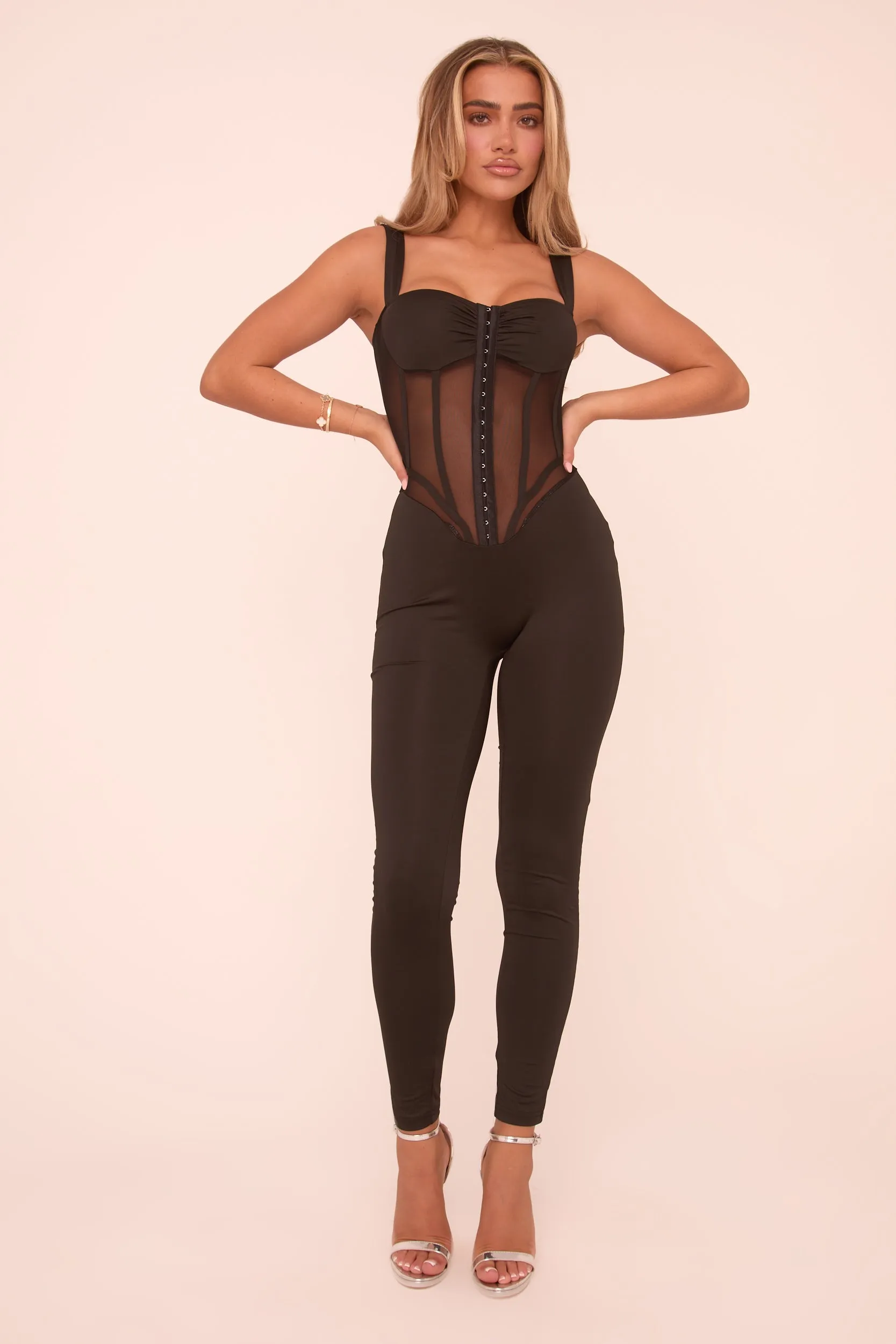 Black Mesh Panel Corset Detail Sleeveless Jumpsuit - Susanna sold by Rebellious Fashion product image thumbnail 2
