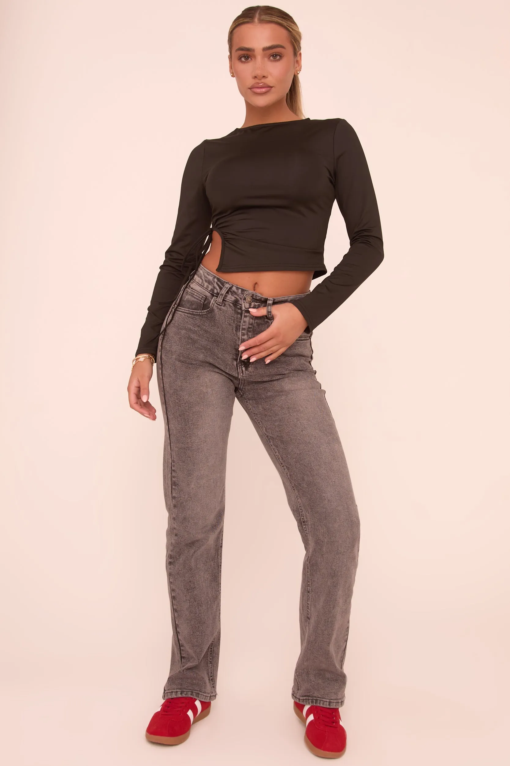 Grey Stretch Mid Waist Straight Leg Denim Jeans - Lorella sold by Rebellious Fashion product image thumbnail 2