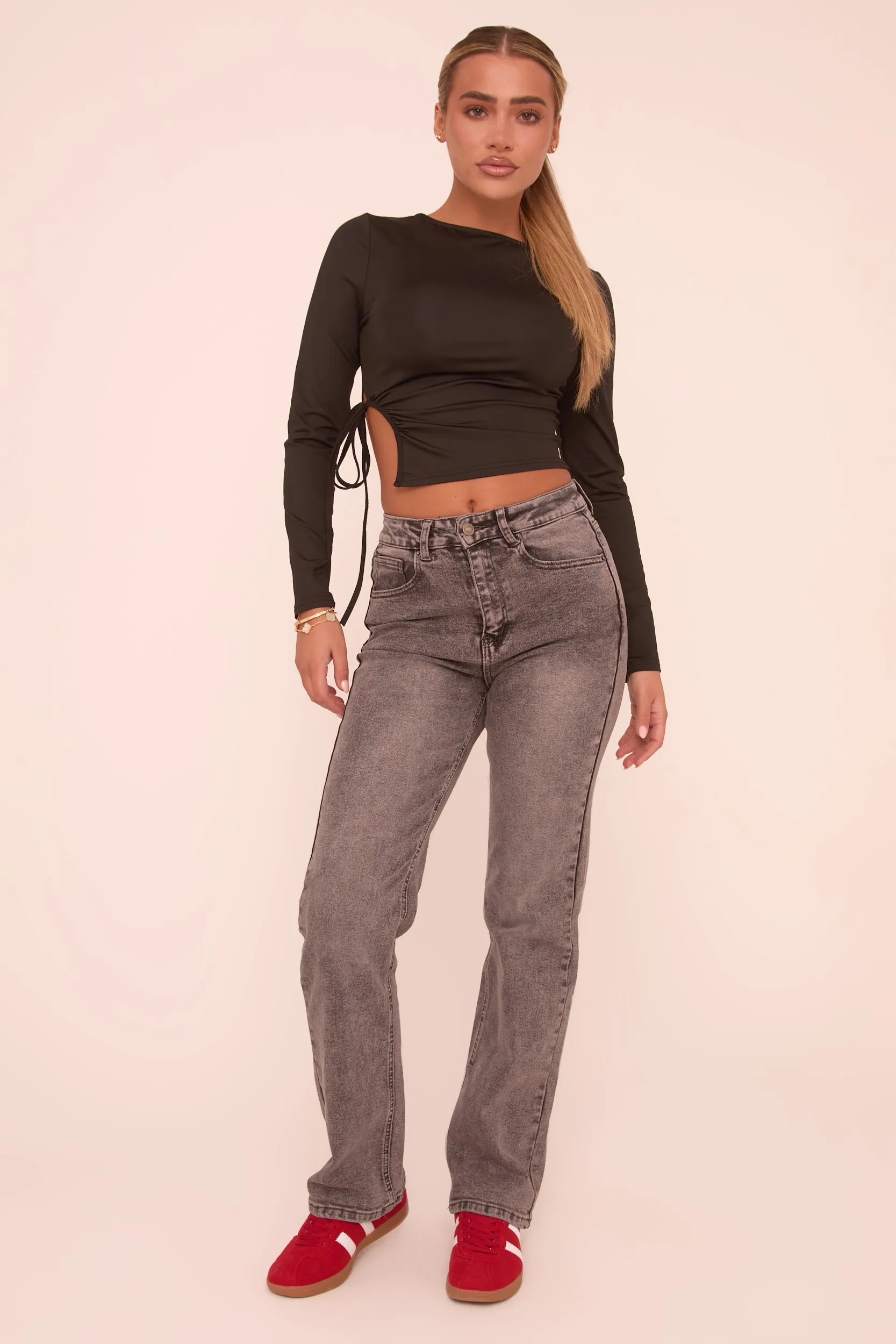 Grey Stretch Mid Waist Straight Leg Denim Jeans - Lorella sold by Rebellious Fashion product image thumbnail 4
