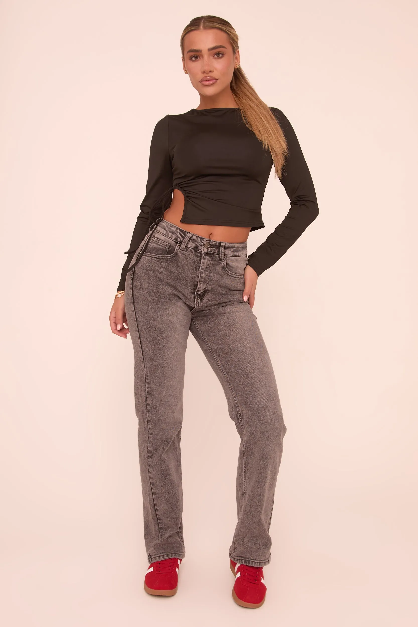 Grey Stretch Mid Waist Straight Leg Denim Jeans - Lorella sold by Rebellious Fashion