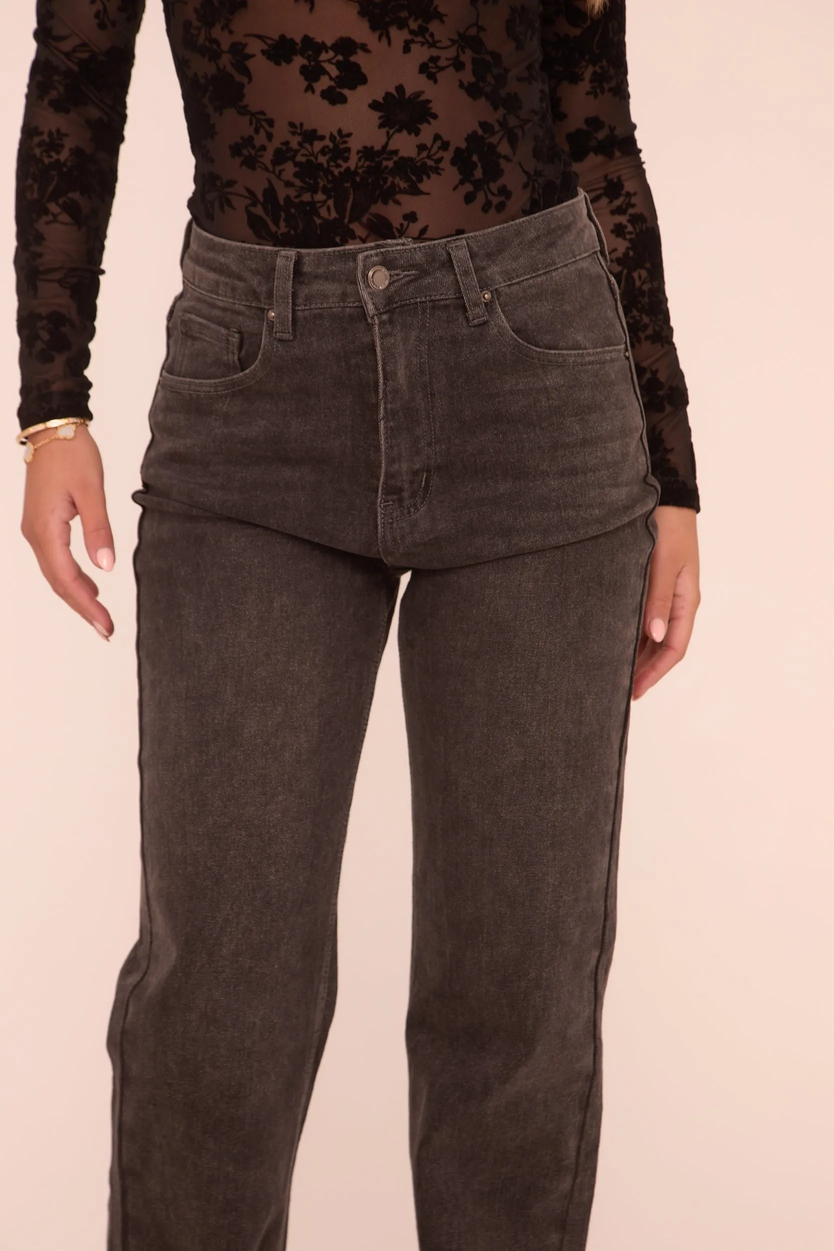 Dark Grey Stretch Mid Waist Straight Leg Denim Jeans - Lorella sold by Rebellious Fashion product image thumbnail 5