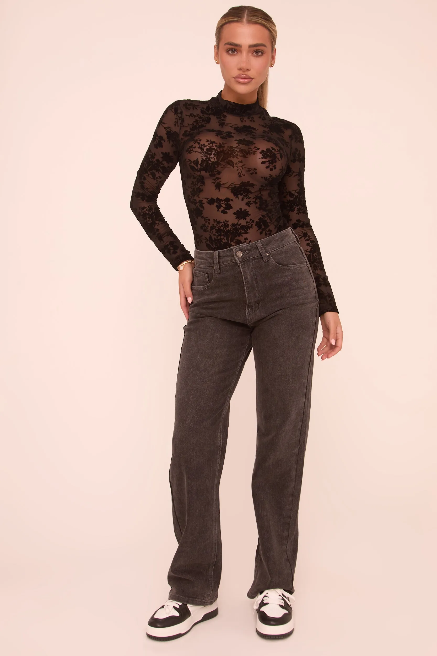 Dark Grey Stretch Mid Waist Straight Leg Denim Jeans - Lorella sold by Rebellious Fashion