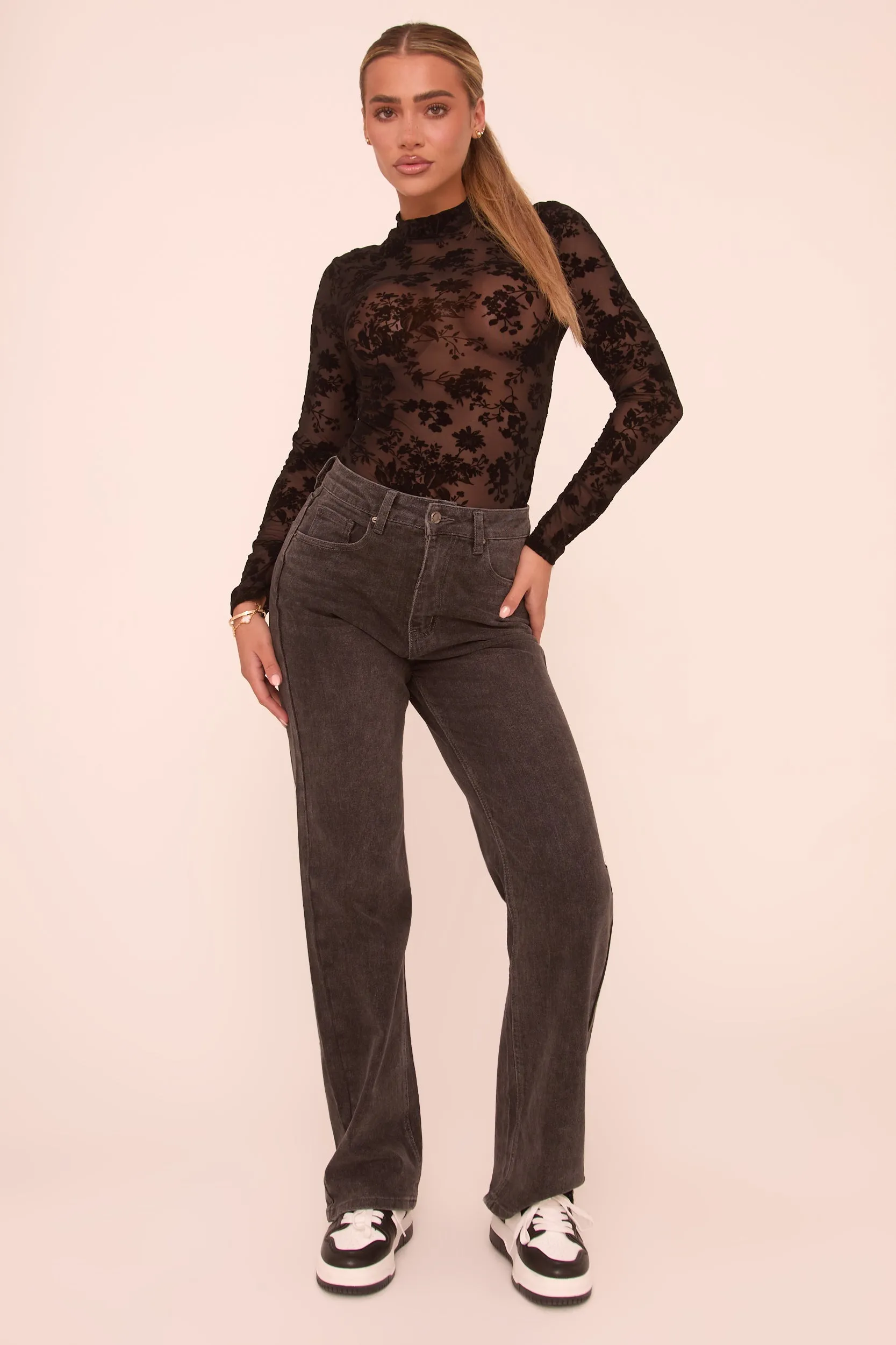Dark Grey Stretch Mid Waist Straight Leg Denim Jeans - Lorella sold by Rebellious Fashion product image thumbnail 2