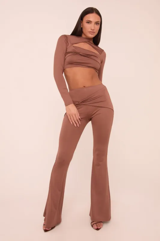 Brown Twist Detail Long Sleeves Crop Top & Kick Flare Trousers Co-ord Set - Holly sold by Rebellious Fashion