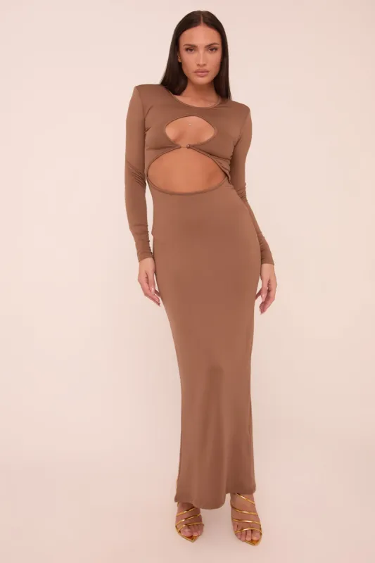 Mocha Cut Out Front Long Sleeves Maxi Dress - Elodie sold by Rebellious Fashion
