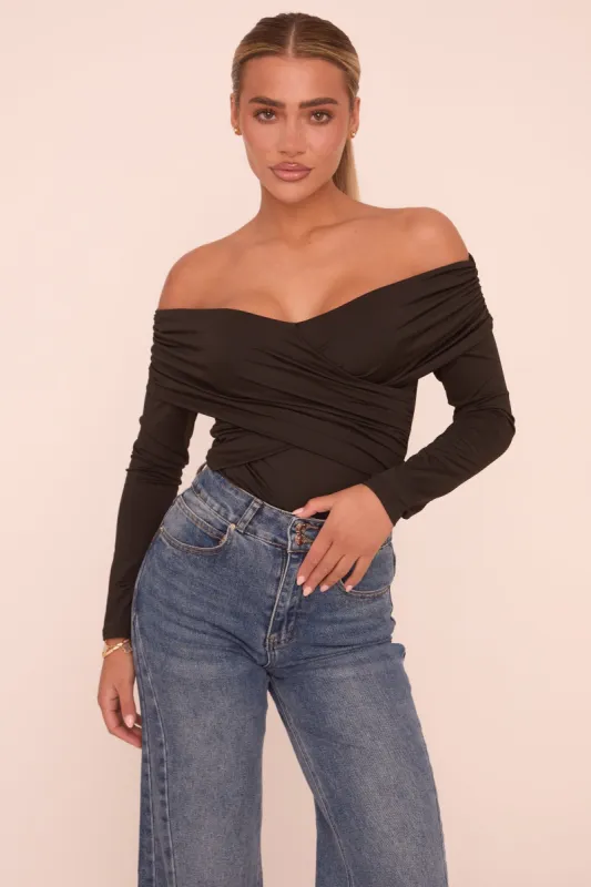 Black Ruched Bardot Long Sleeves Bodysuit - Ines sold by Rebellious Fashion