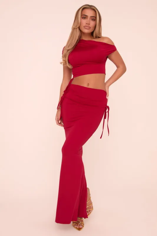 Red One Shoulder Cropped Top & Ruched Maxi Skirt Co-ord Set - Joanne sold by Rebellious Fashion