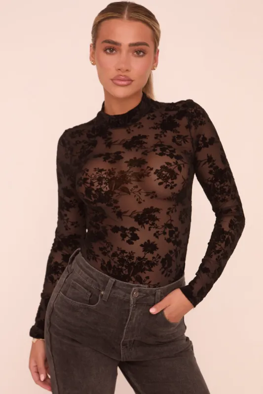 Black Mesh Flock Print Long Sleeves Bodysuit - Jessica sold by Rebellious Fashion