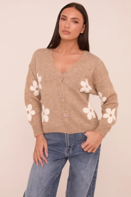 Beige Floral Button Up Front Long Sleeves Cardigan - Poppy sold by Rebellious Fashion