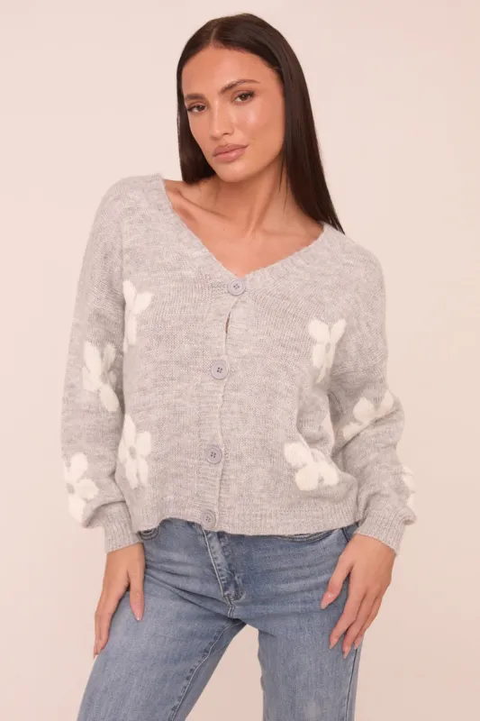 Grey Floral Button Up Front Long Sleeves Cardigan - Poppy sold by Rebellious Fashion