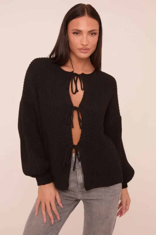 Black Knit Tie Front Detail Long Sleeves Cardigan - Ava sold by Rebellious Fashion