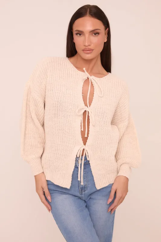 Beige Knit Tie Front Detail Long Sleeves Cardigan - Ava sold by Rebellious Fashion