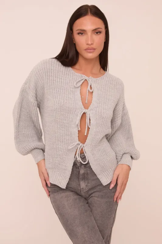 Grey Knit Tie Front Detail Long Sleeves Cardigan - Ava sold by Rebellious Fashion