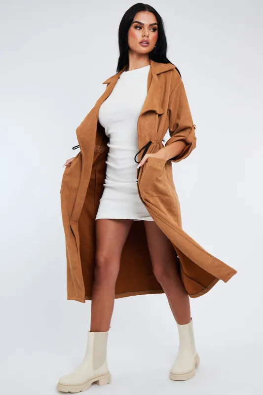 Camel Suede Relaxed Tie Waist Trench Coat - Rora sold by Rebellious Fashion