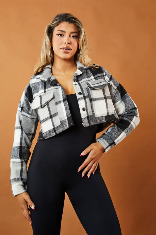 Grey Checked Button Up Cropped Shacket - Lauren sold by Rebellious Fashion