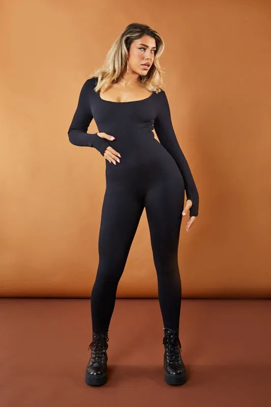 Black Rib Knit Square Neck Jumpsuit - Siobhan sold by Rebellious Fashion