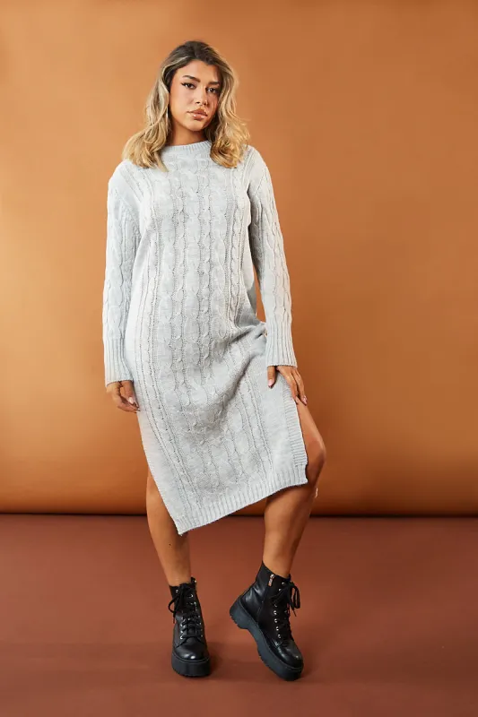 Grey Cabled Knit Oversized Midi Dress - Susan sold by Rebellious Fashion