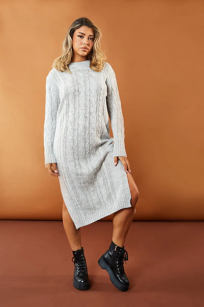 Grey Cabled Knit Oversized Midi Dress - Susan sold by Rebellious Fashion