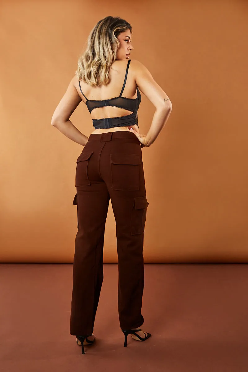 Brown Straight Leg Pocket Detail Cargo Trousers - Paige sold by Rebellious Fashion product image thumbnail 4