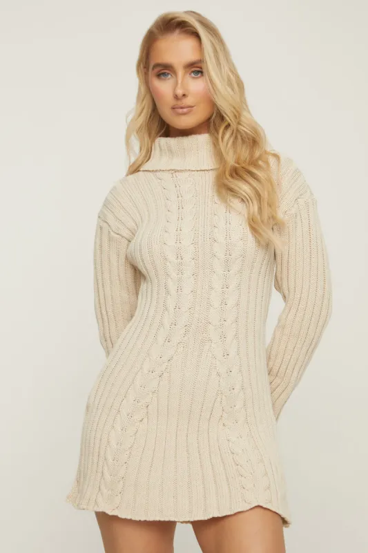 Beige Knitted Roll Neck Mini Jumper Dress - Daisy sold by Rebellious Fashion