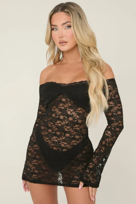 Black Lace Bardot Long Sleeve Mini Dress - Bex sold by Rebellious Fashion