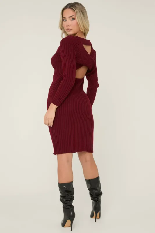 Wine Open Twist Back Midi Bodycon Jumper Dress - Karrah sold by Rebellious Fashion