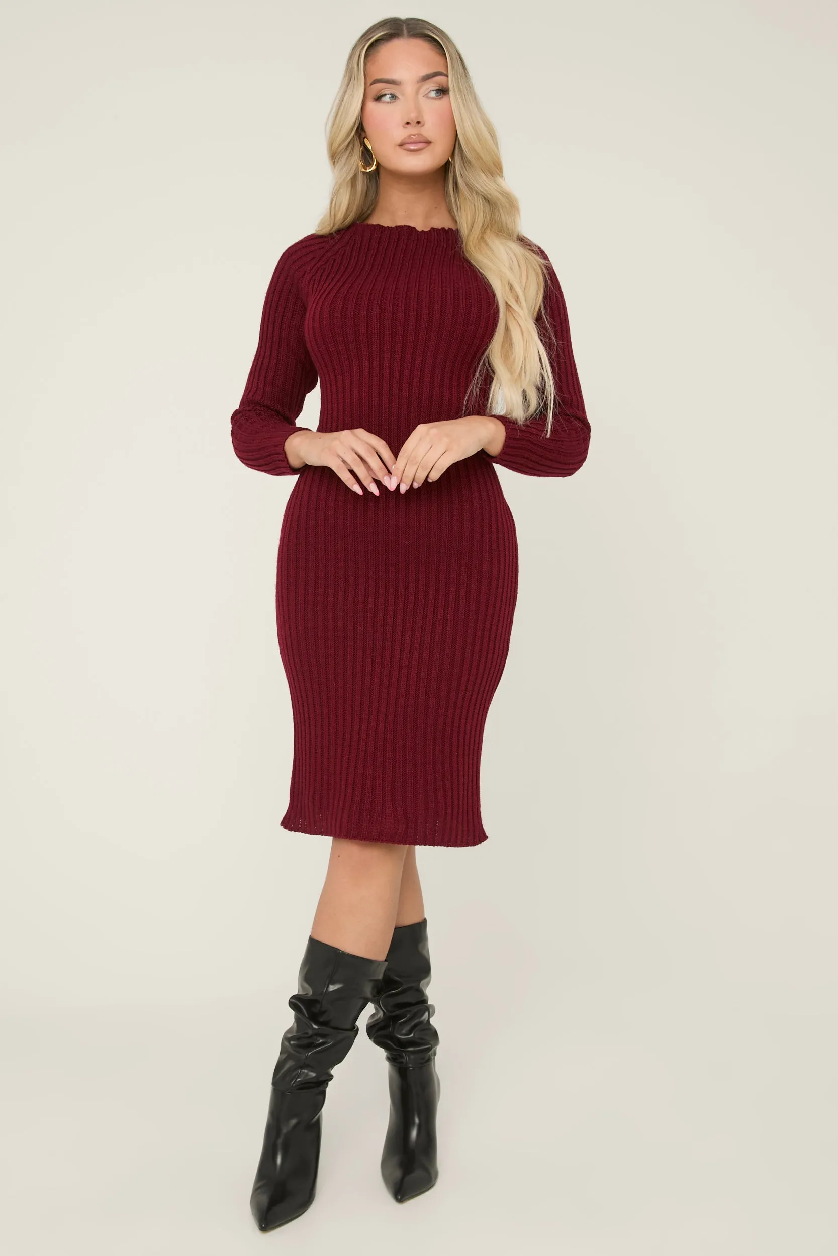 Wine Open Twist Back Midi Bodycon Jumper Dress - Karrah sold by Rebellious Fashion product image thumbnail 4