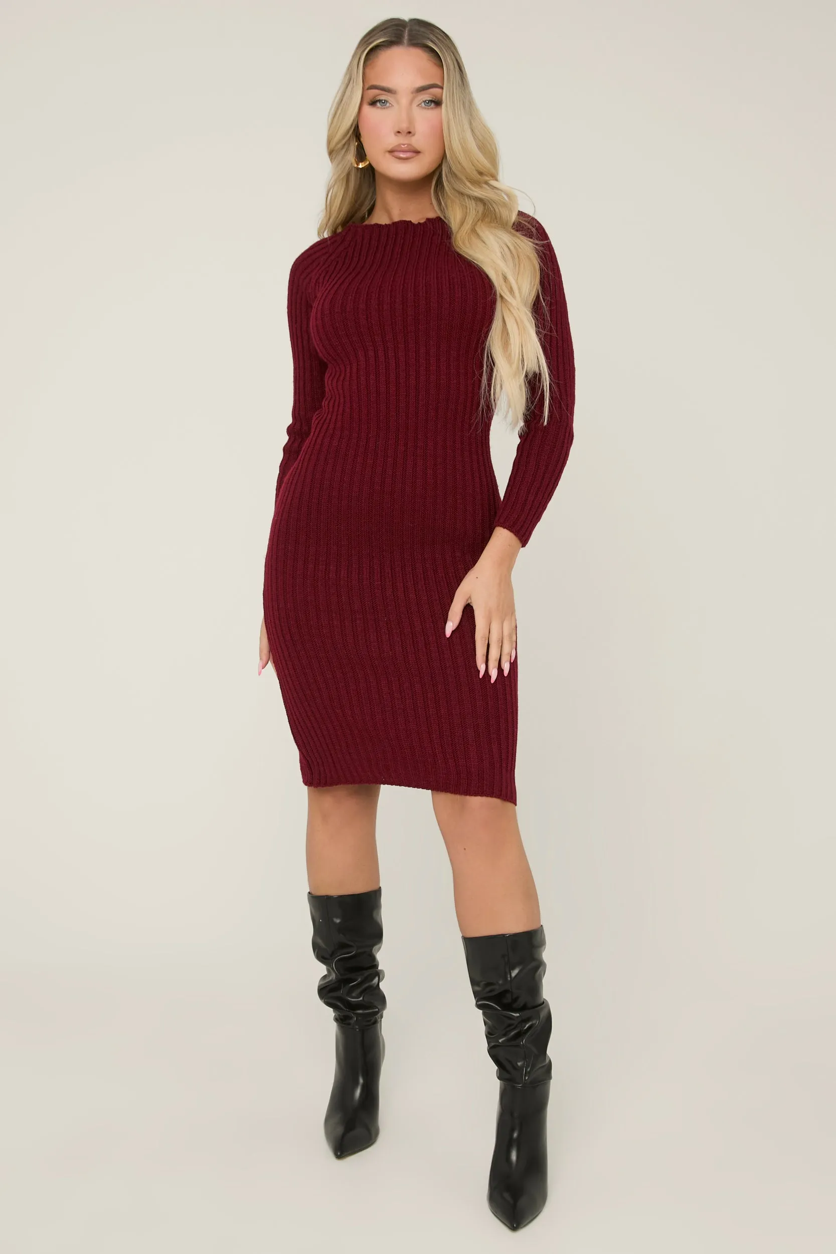 Wine Open Twist Back Midi Bodycon Jumper Dress - Karrah sold by Rebellious Fashion product image thumbnail 3