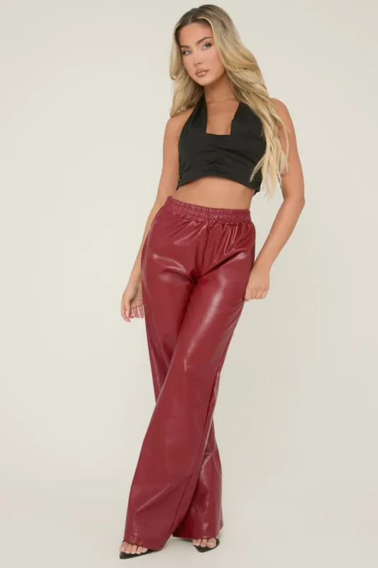 Wine Faux Leather Elastic Waist Wide Leg Trousers - Frankie sold by Rebellious Fashion