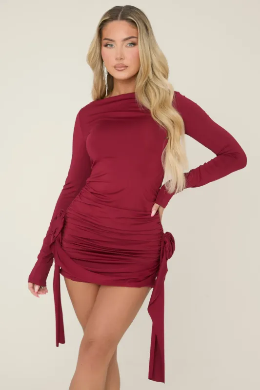 Wine Rose Detail Drape Mini Dress - Sara sold by Rebellious Fashion