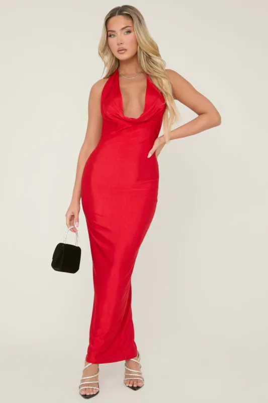 Red Slinky Cowl Maxi Dress - Beatrice sold by Rebellious Fashion