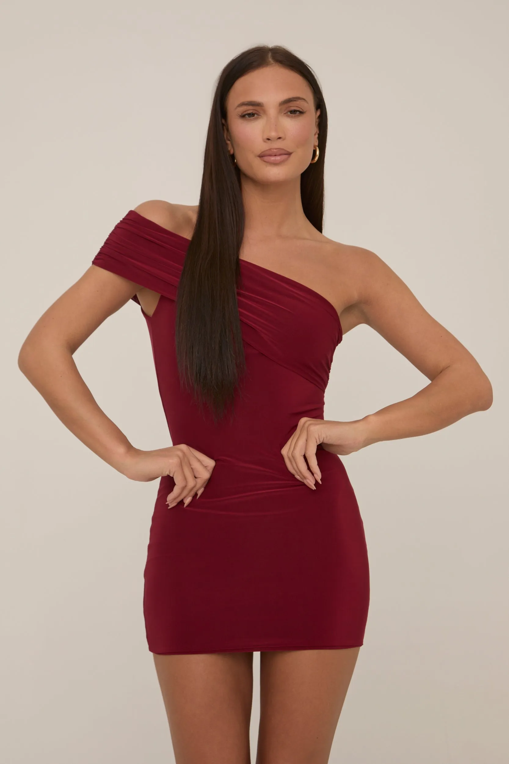 Wine Off Shoulder Slinky Mini Dress - Petula sold by Rebellious Fashion