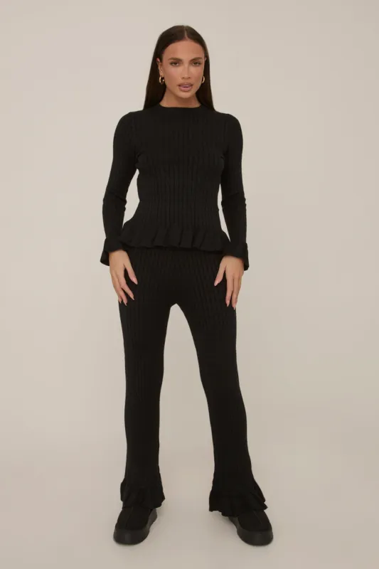 Black Frill Knit Top and Trouser Set - Tatiana sold by Rebellious Fashion