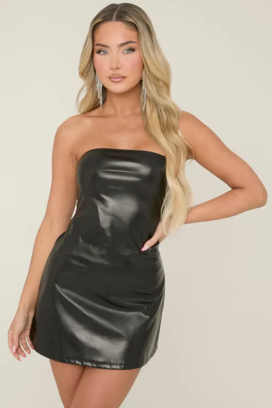 Black Faux Leather Bandeau A Line Dress - Lucille sold by Rebellious Fashion