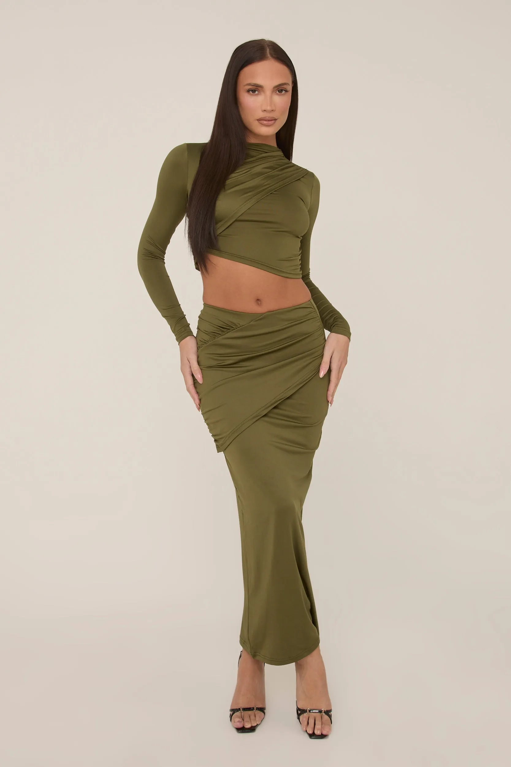 Khaki Wrap Detail Maxi Skirt Co-ord - Eleanor sold by Rebellious Fashion
