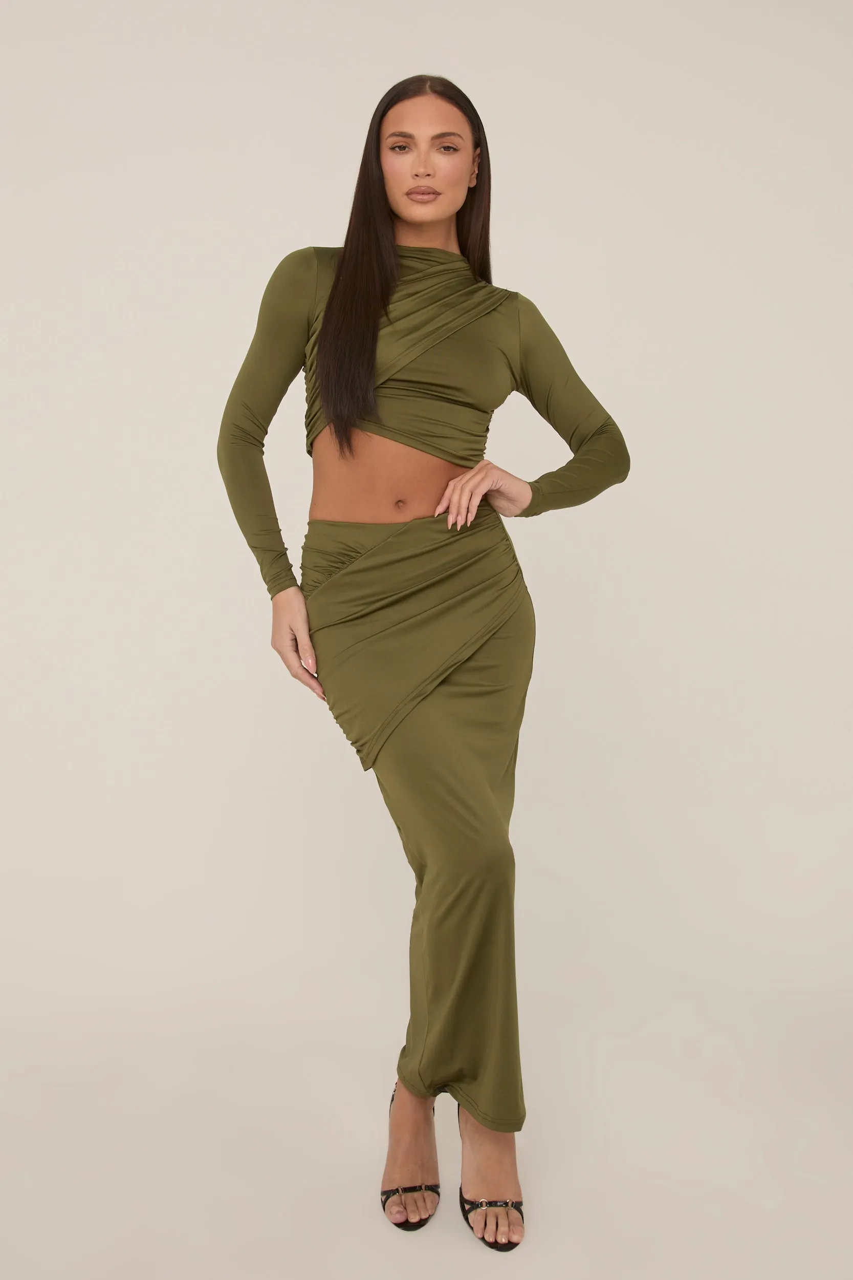 Khaki Wrap Detail Maxi Skirt Co-ord - Eleanor sold by Rebellious Fashion product image thumbnail 3