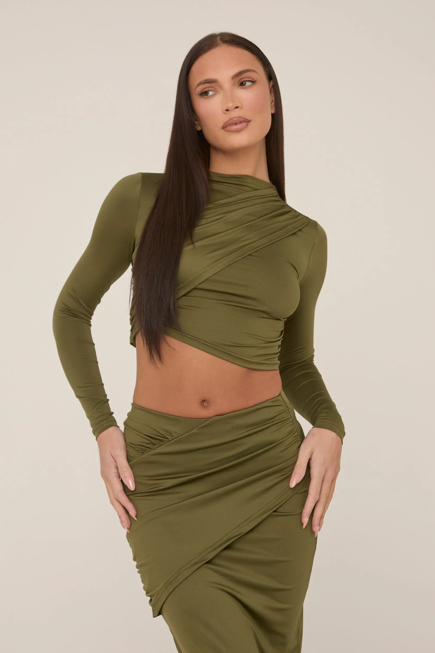 Khaki Wrap Detail Maxi Skirt Co-ord - Eleanor sold by Rebellious Fashion product image thumbnail 2