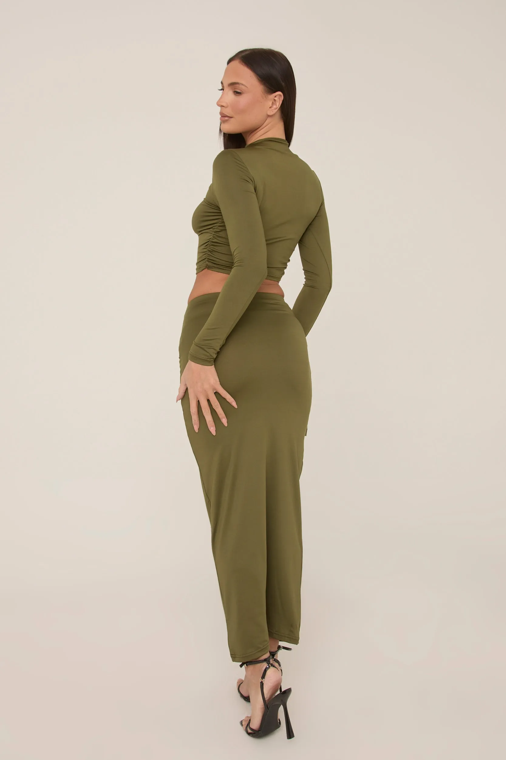 Khaki Wrap Detail Maxi Skirt Co-ord - Eleanor sold by Rebellious Fashion product image thumbnail 5