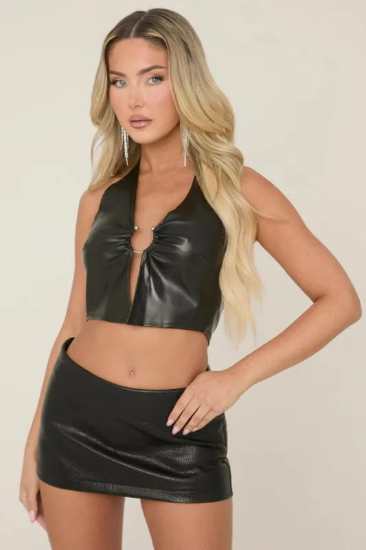 Black Faux Leather Ring Detail Halter Top - Trinity sold by Rebellious Fashion