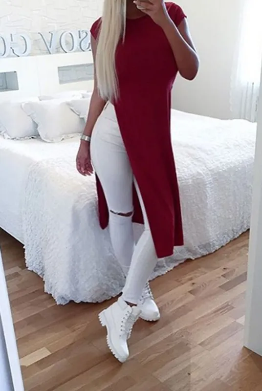 Daphne Wine Side Split Top sold by Rebellious Fashion