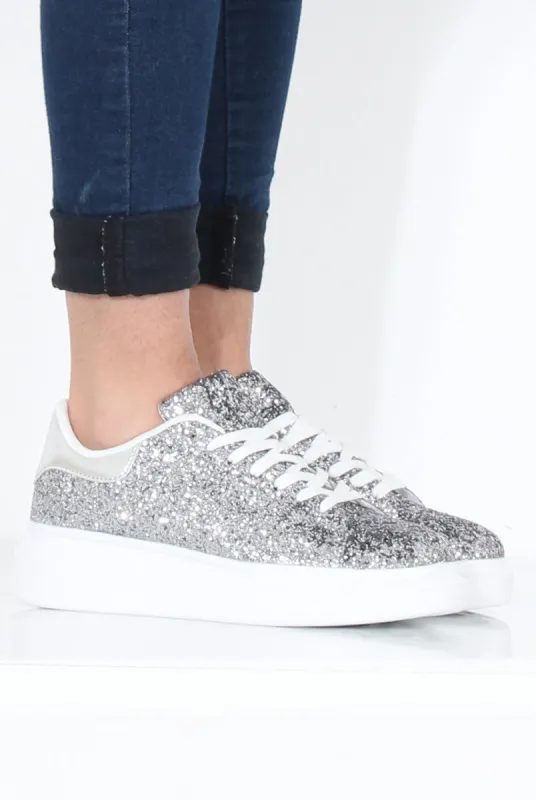 Silver Glitter Platform Trainers - Erin sold by Rebellious Fashion