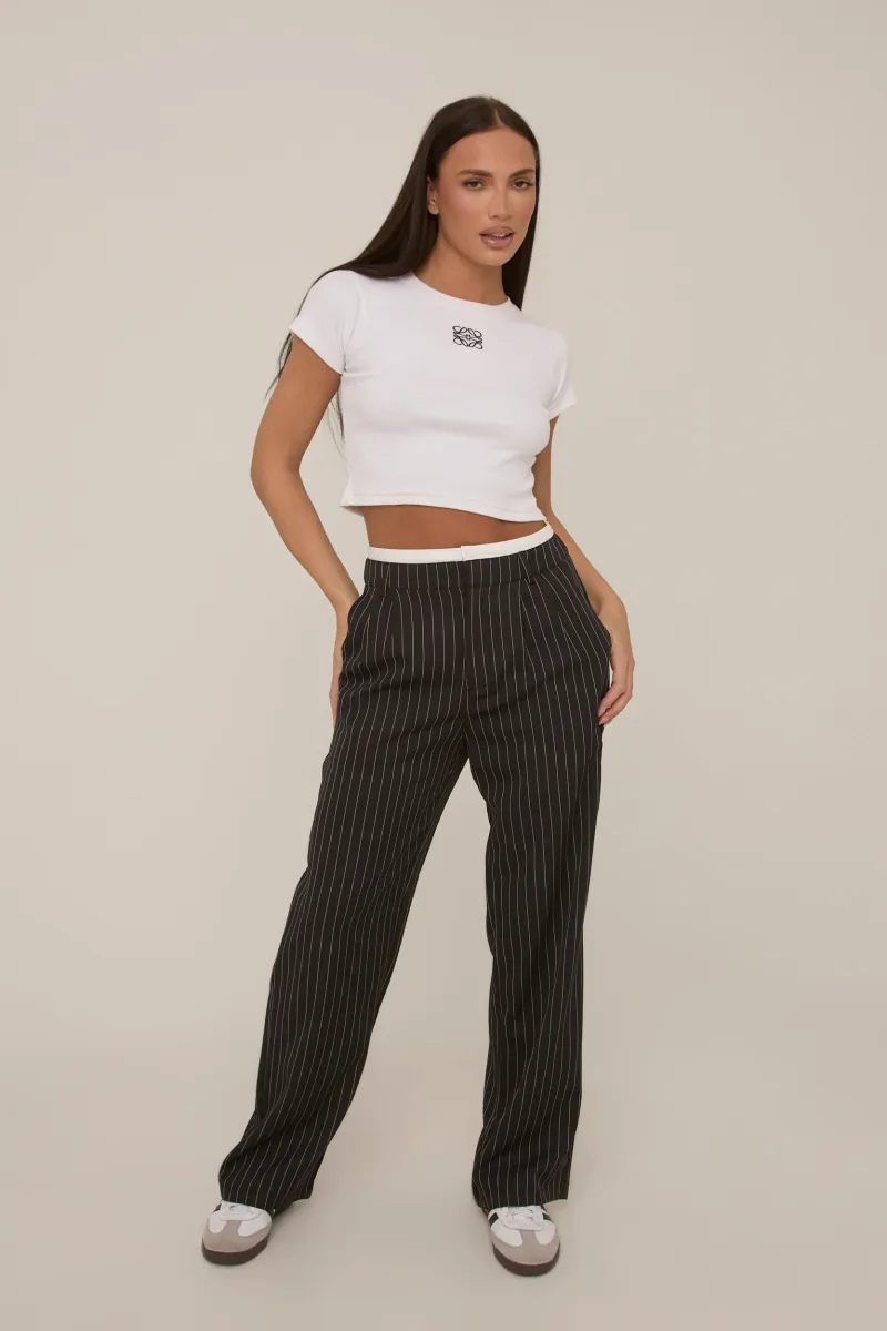Black Contrast Stripe Wide Leg High Waisted Trousers - Leilani sold by Rebellious Fashion