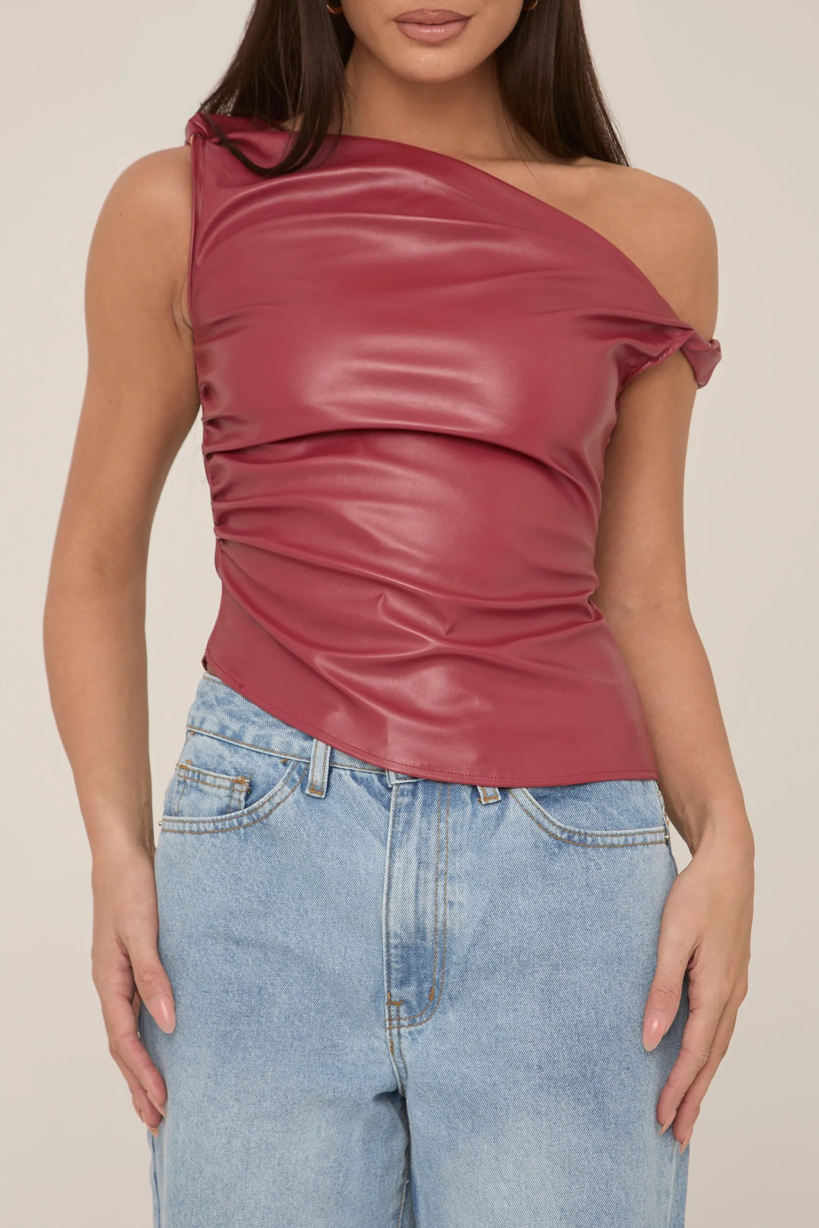 Wine One Shoulder Faux Leather Top - Larissa sold by Rebellious Fashion product image thumbnail 4