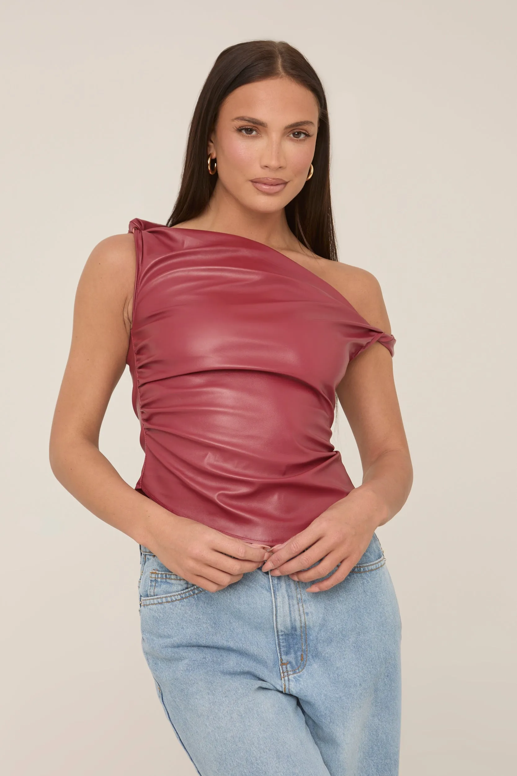 Wine One Shoulder Faux Leather Top - Larissa sold by Rebellious Fashion