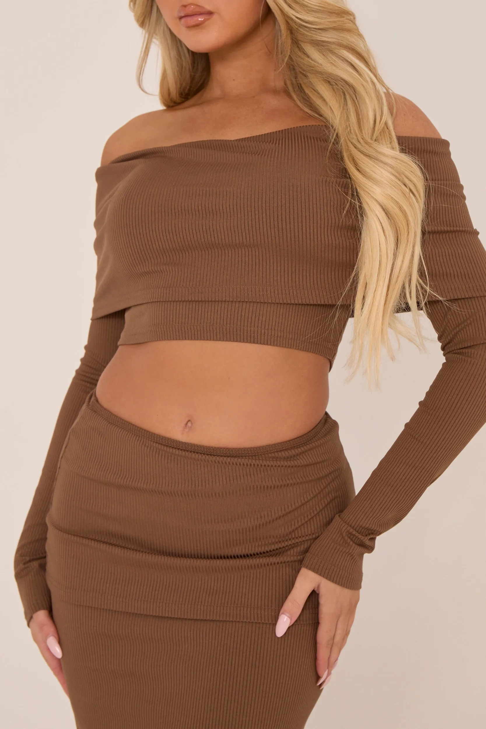 Brown Knit Fold Down Bardot Maxi Skirt Set - Beatrix sold by Rebellious Fashion product image thumbnail 4