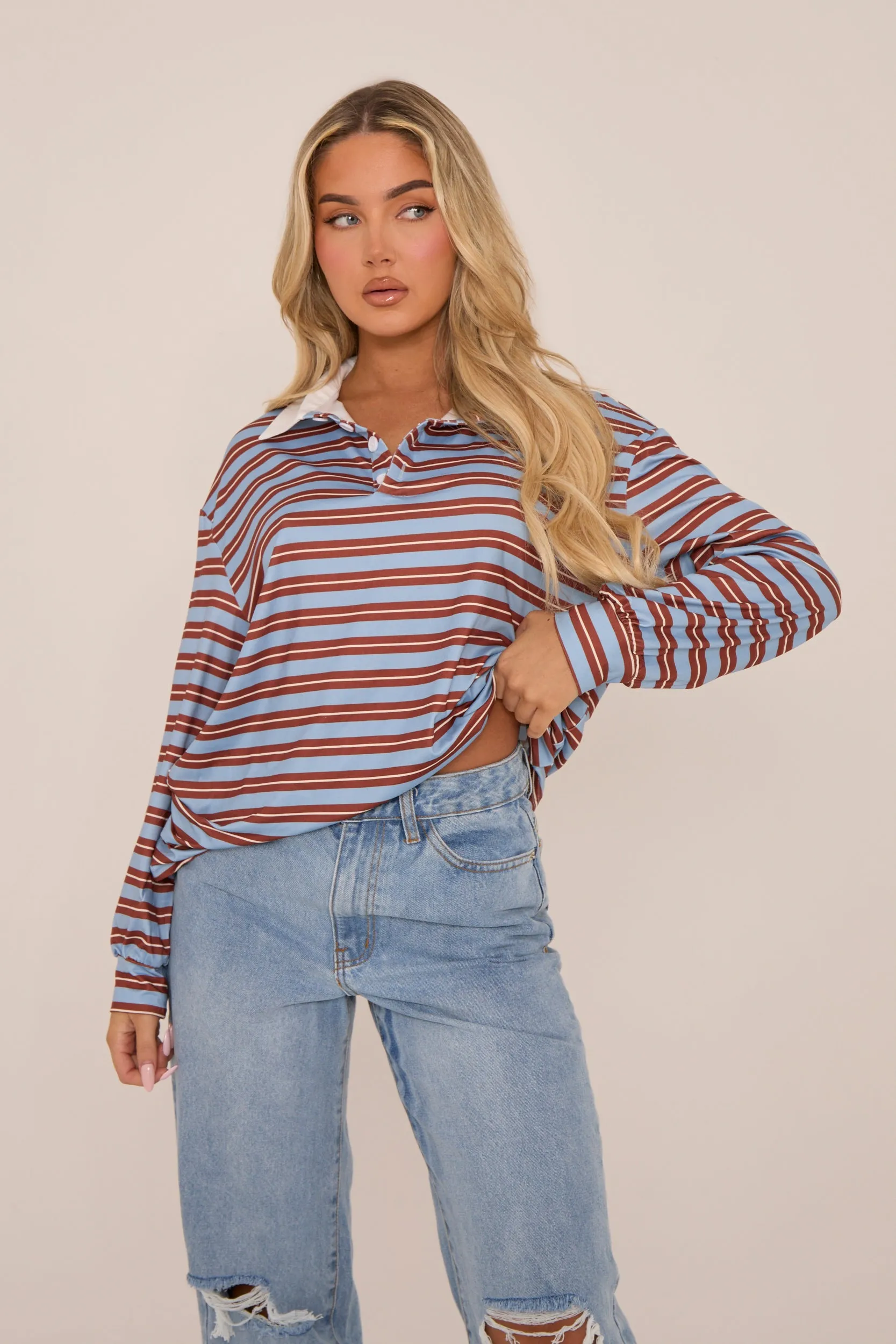 Multi Striped Oversized Long Sleeves Rugby T-shirt - Citra sold by Rebellious Fashion product image thumbnail 4