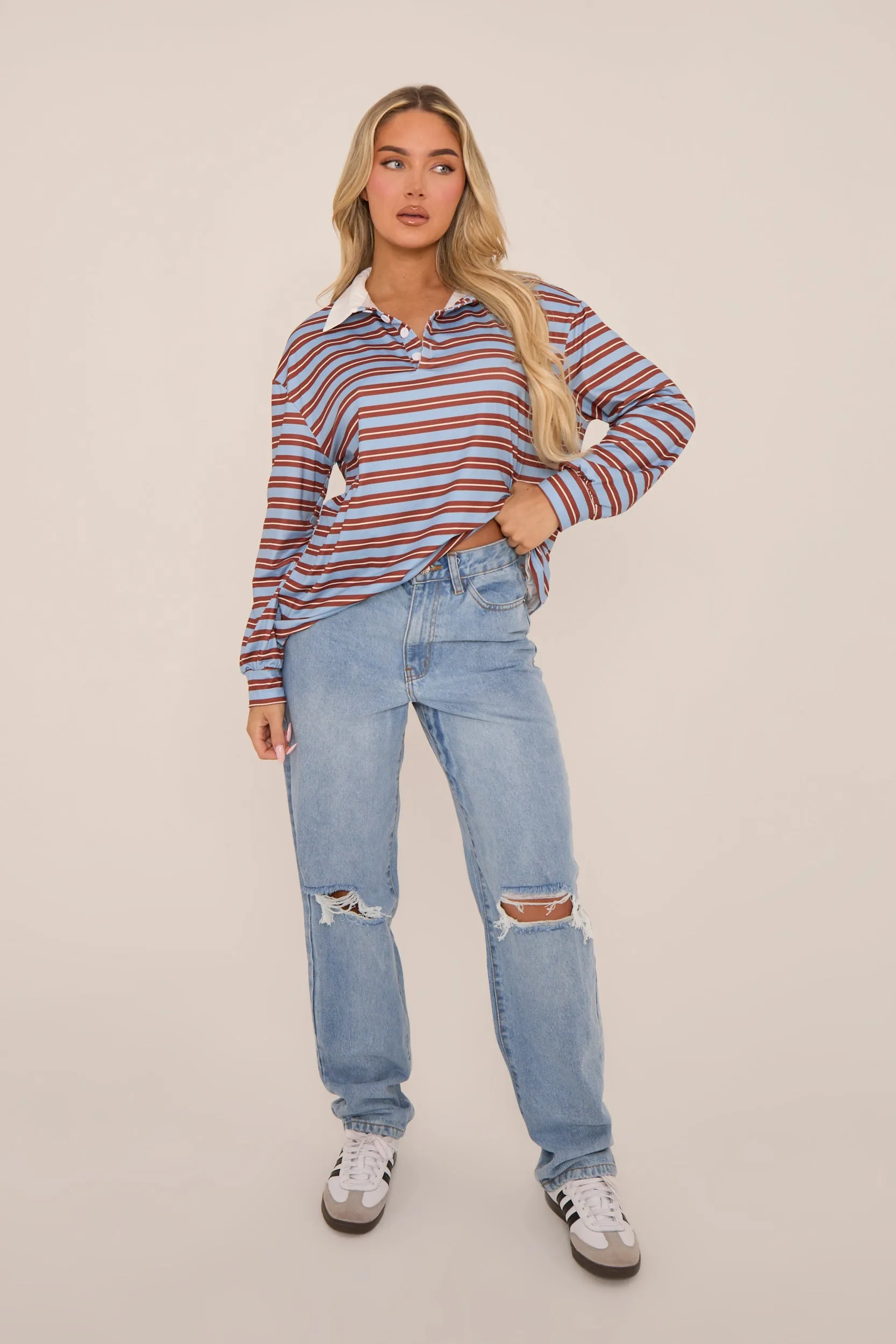 Multi Striped Oversized Long Sleeves Rugby T-shirt - Citra sold by Rebellious Fashion product image thumbnail 2