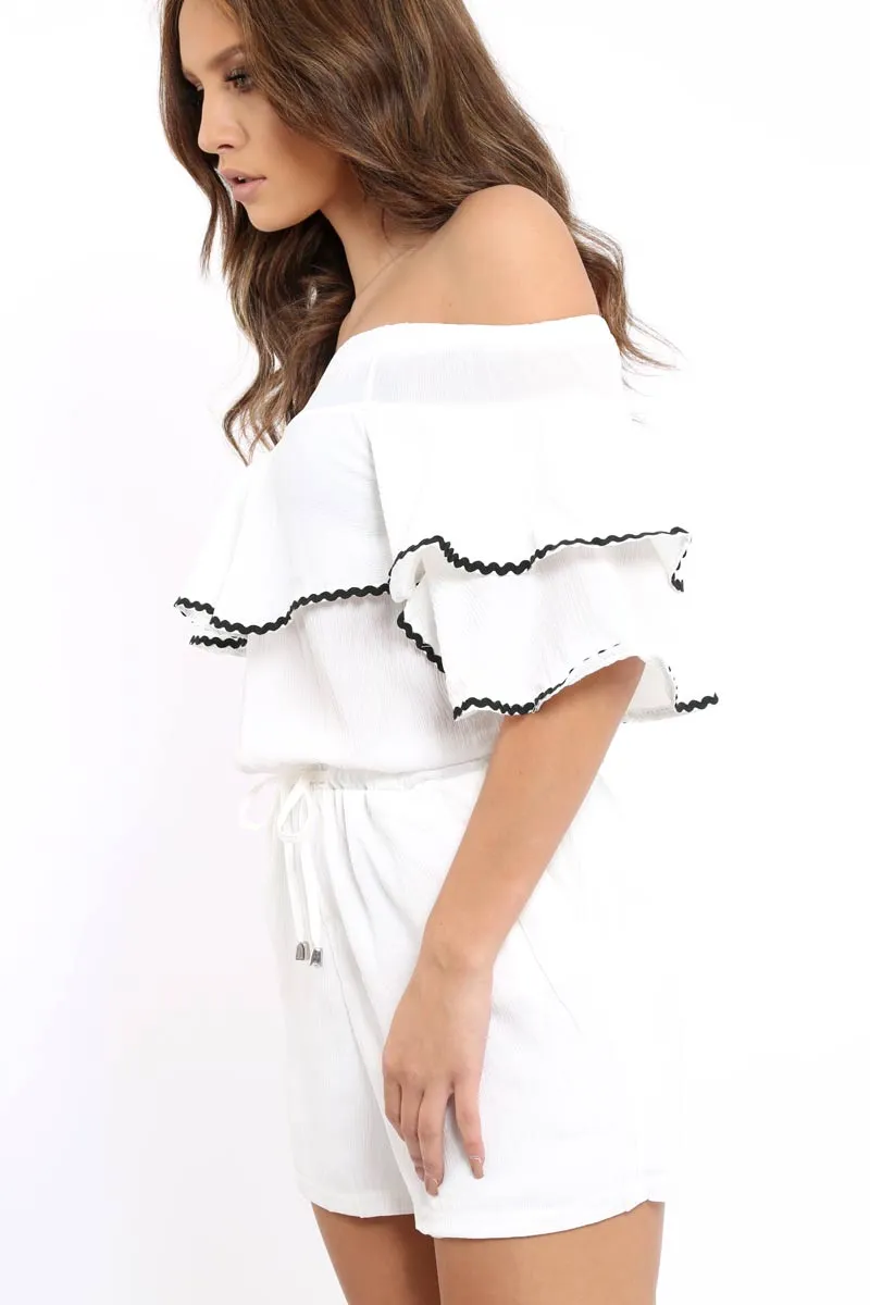 White Bardot Frill Drawstring Tie Playsuit - Micah sold by Rebellious Fashion product image thumbnail 2